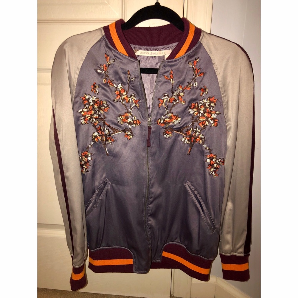 Chelsea & Violet embroidered satin bomber jacket.
